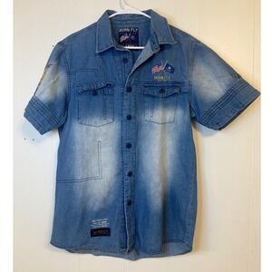 Born Fly Denim Shirt Mens Large Short Sleeve Button Up USA